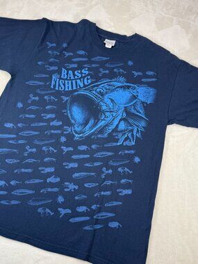 Vintage National Heritage Bass Fishing Graphic T Shirt Blue Lures Mens XL